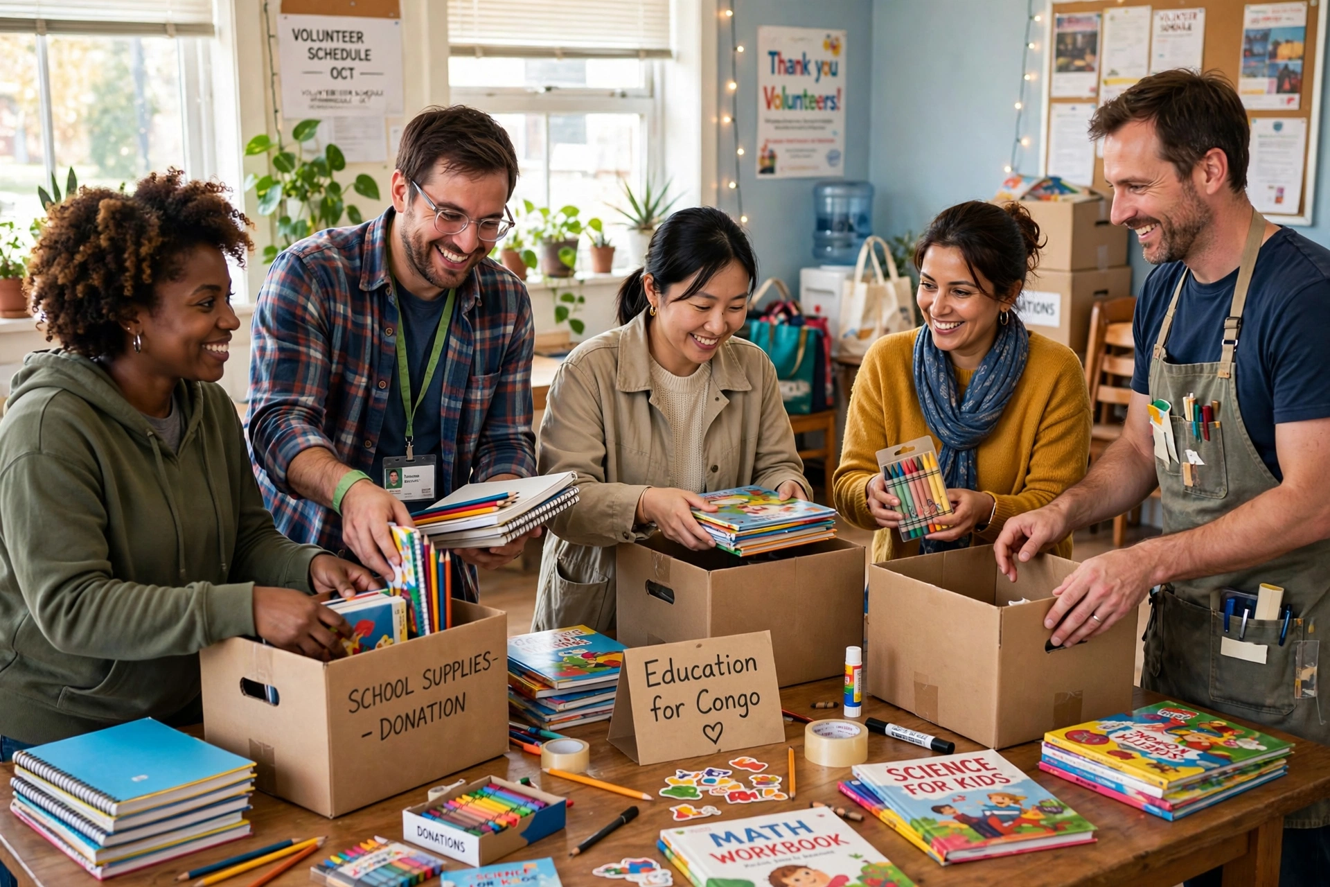 Volunteers packing school supplies for Congo in Toronto
