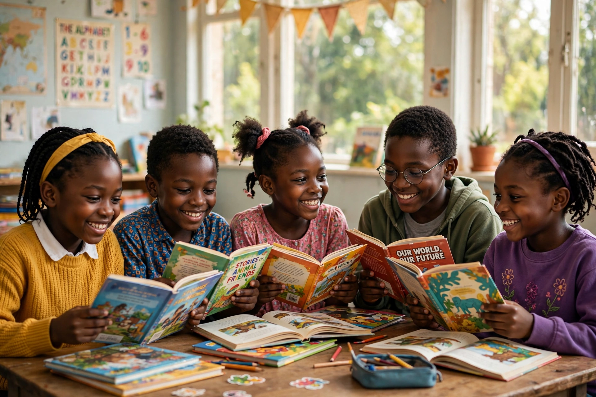 Congolese schoolchildren reading books together with joy