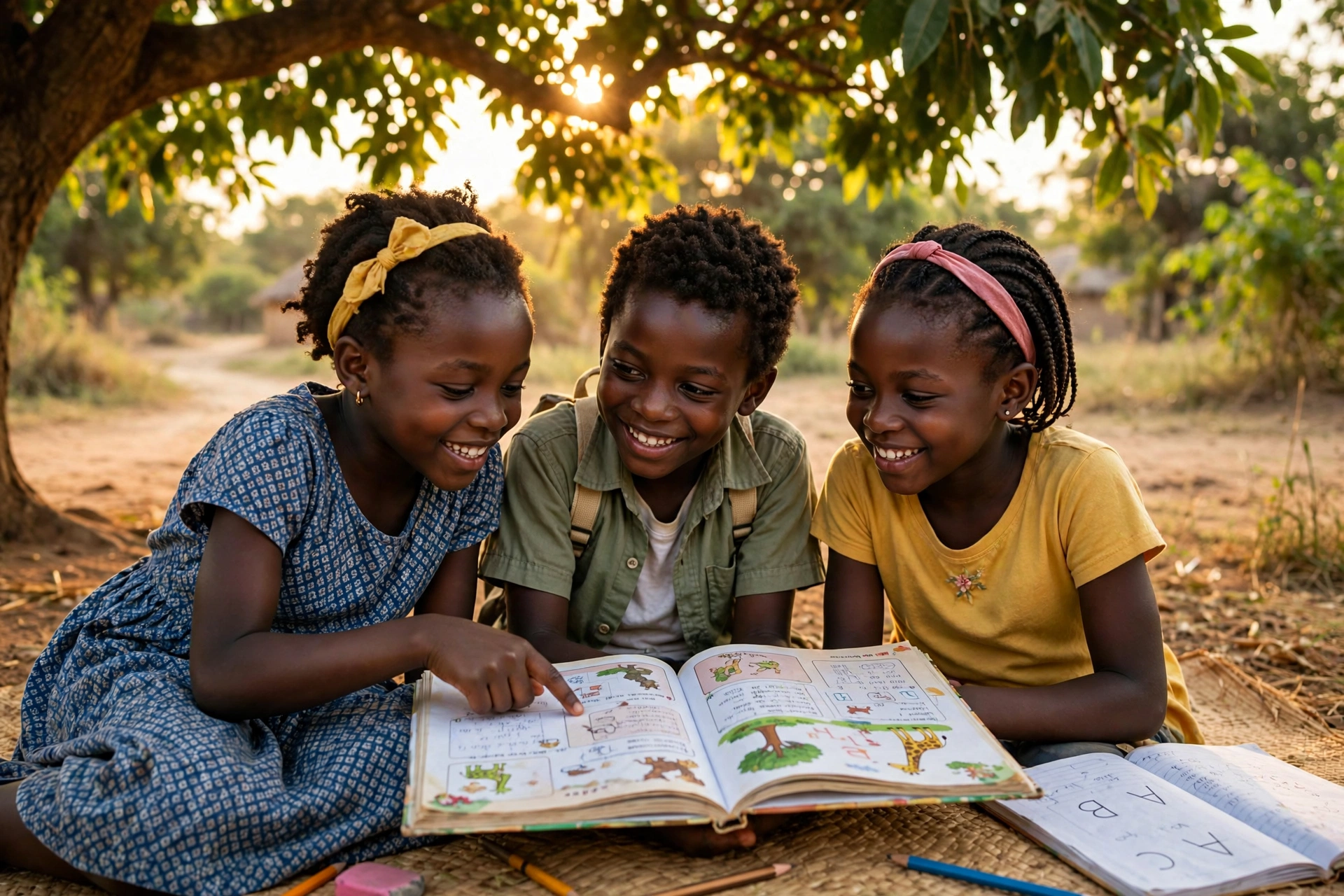 Children studying together under a tree in the Congo